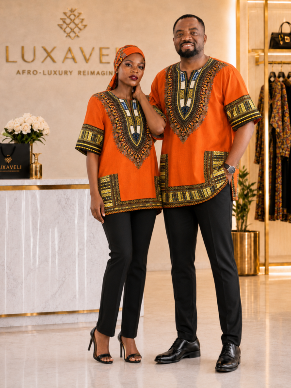 Orange Unisex African Dashiki Shirt: Vibrant Cotton Print, Cultural Style