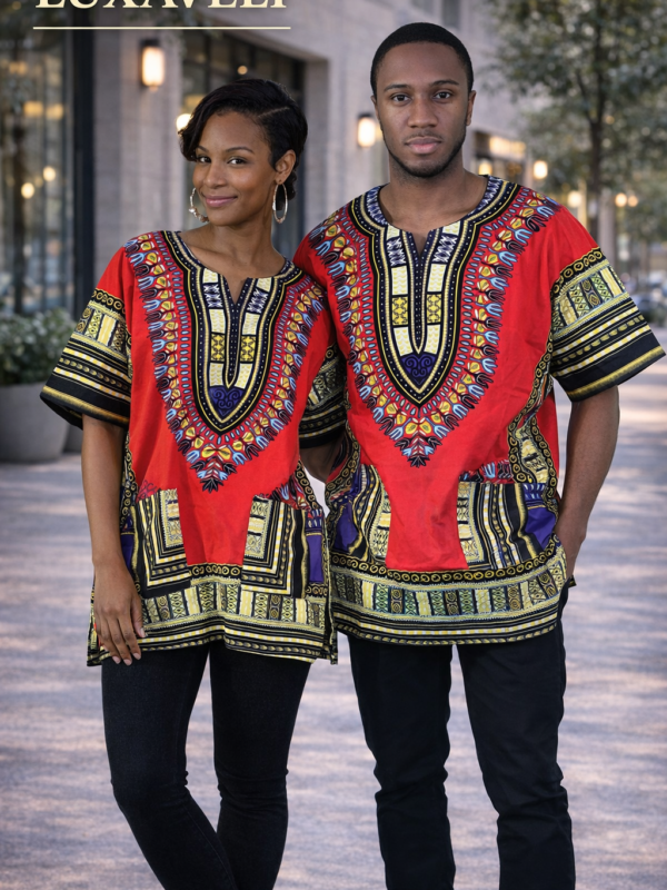 Red Unisex African Dashiki Shirt: Vibrant Cotton Print, Cultural Style