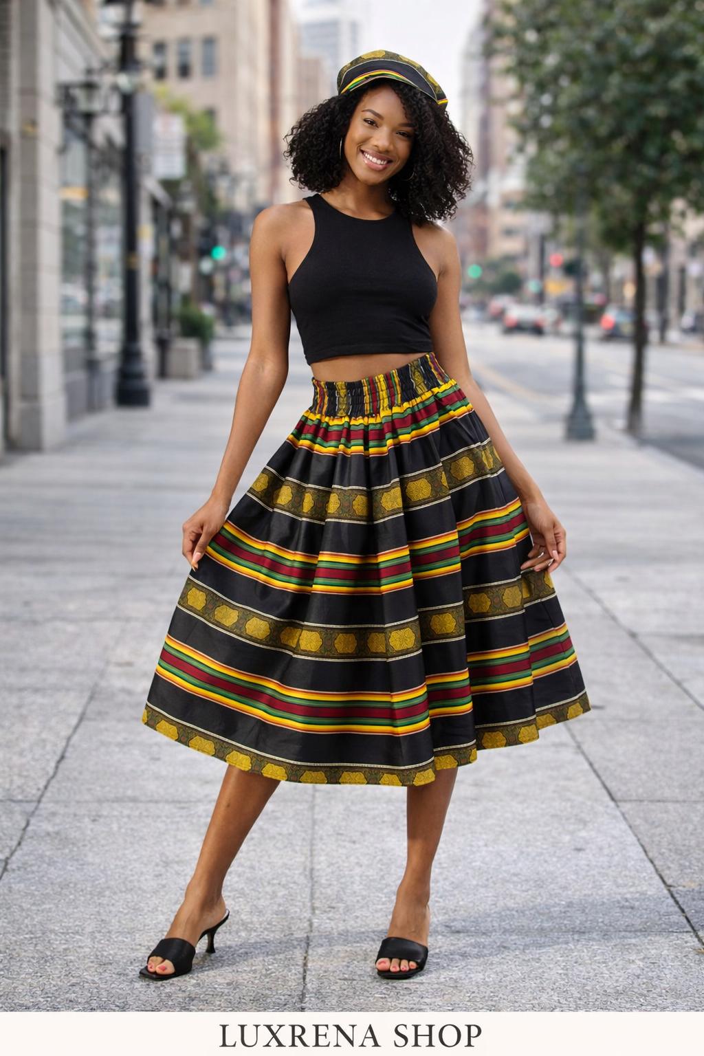 Kente Type 4 Print Midi Skirt โ 100% Cotton | One Size Fits Most