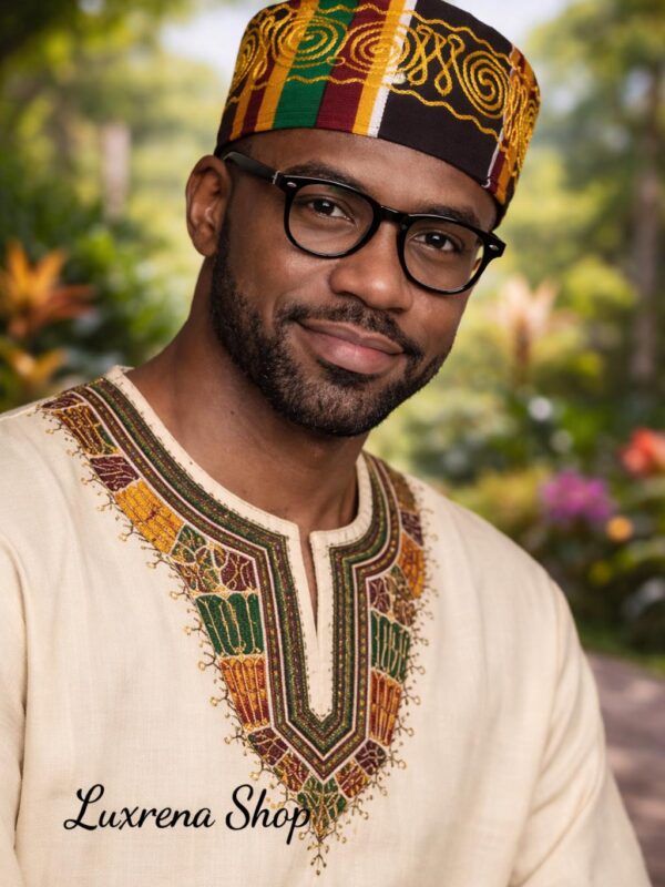 Unisex Kente type4 Print Embroidered Hat | African Kufi Cap