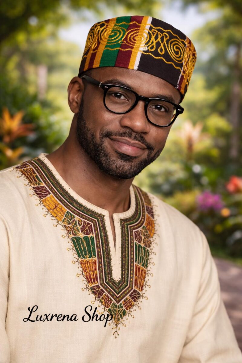 Unisex Kente type4 Print Embroidered Hat | African Kufi Cap