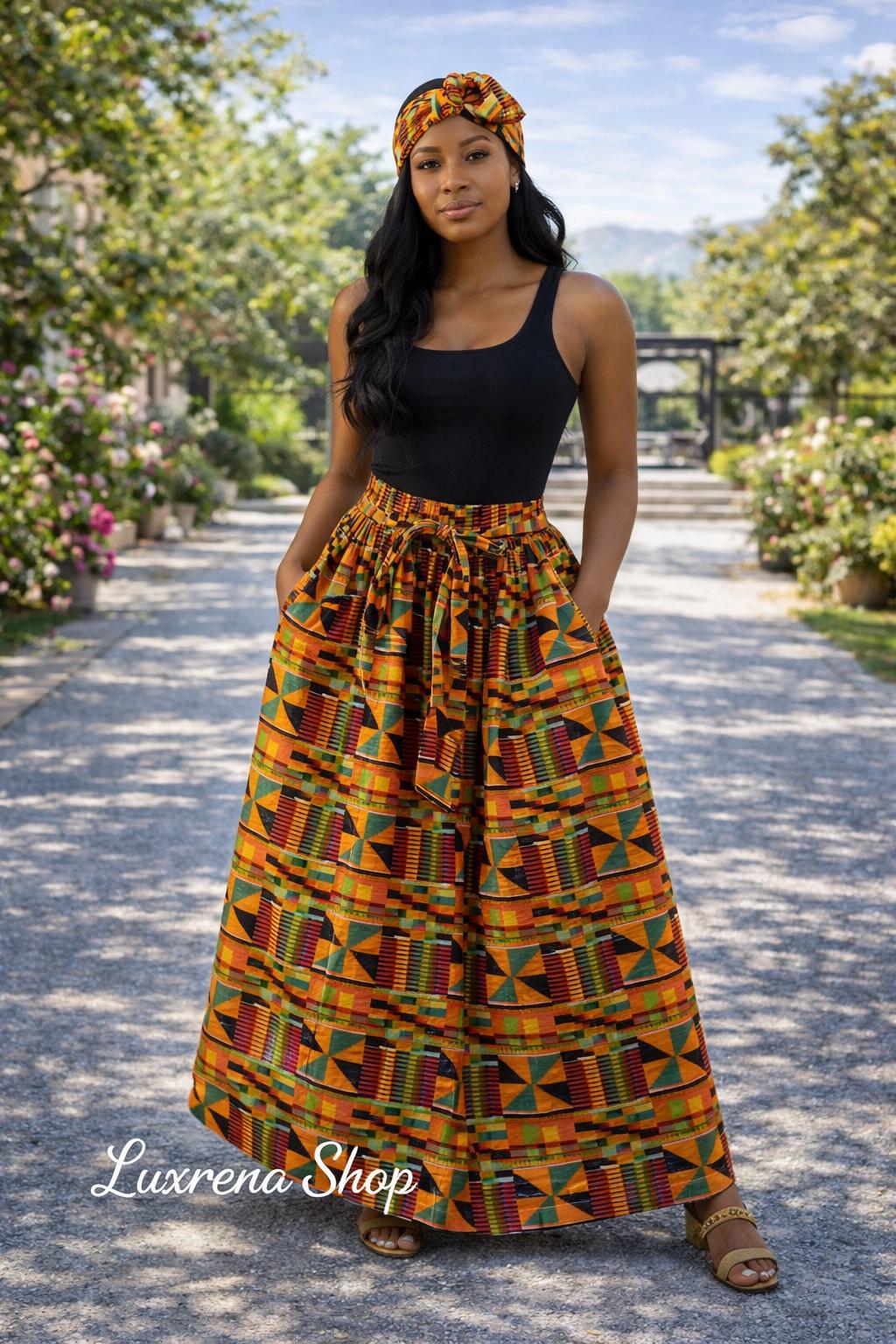 Kente Type 2 Print Maxi Skirt โ 100% Cotton | One Size Fits Most