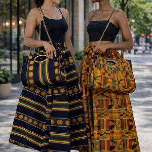 Kente Print Maxi Skirt Set, Matching Headwrap and Shoulder Bag, African Print 3-Piece Outfit.