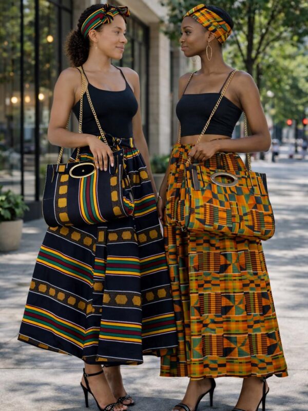 Kente Print Maxi Skirt Set, Matching Headwrap and Shoulder Bag, African Print 3-Piece Outfit.