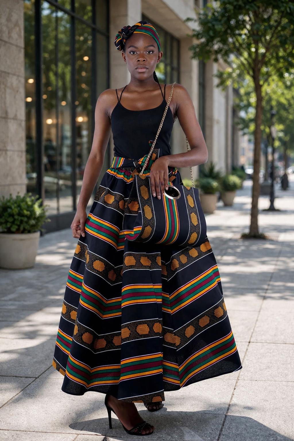 Kente Print Maxi Skirt Set, Matching Headwrap and Shoulder Bag, African Print 3-Piece Outfit.