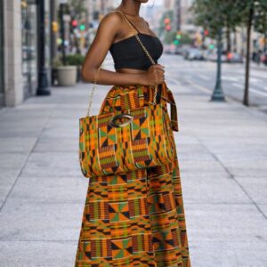 Kente Print Maxi Skirt Set, Matching Headwrap and Shoulder Bag