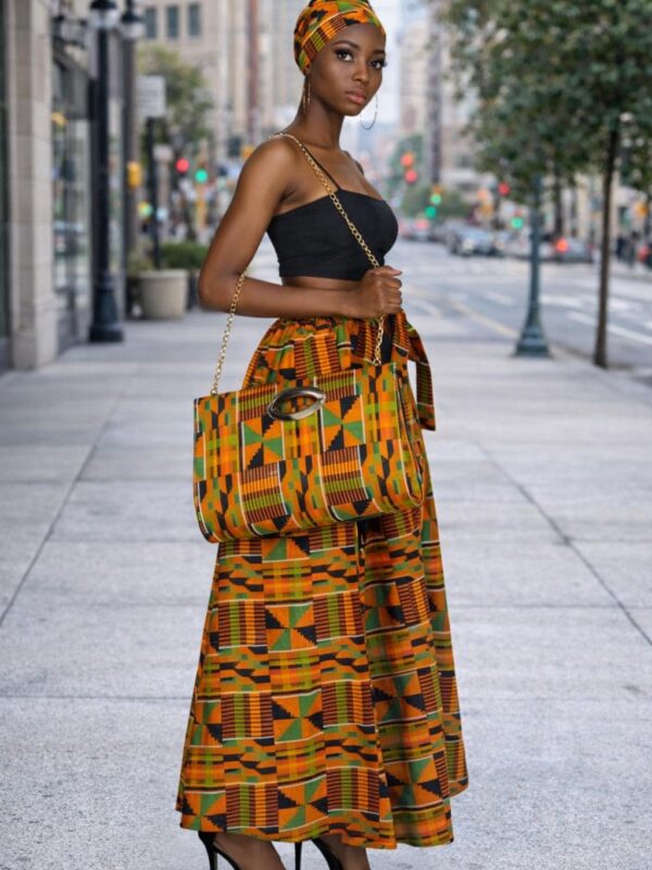 Kente Print Maxi Skirt Set, Matching Headwrap and Shoulder Bag