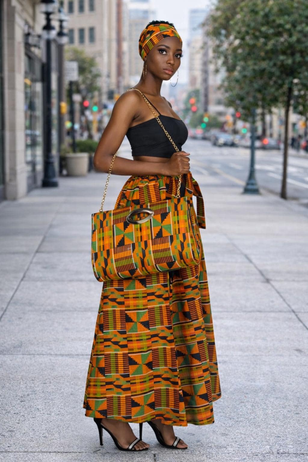 Kente Print Maxi Skirt Set, Matching Headwrap and Shoulder Bag