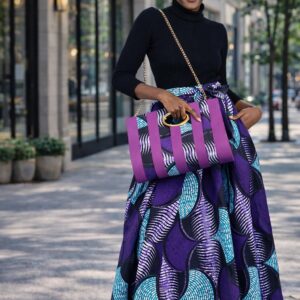 Ankara 3-Piece Maxi Skirt Set, Matching Headwrap, and Shoulder Bag.