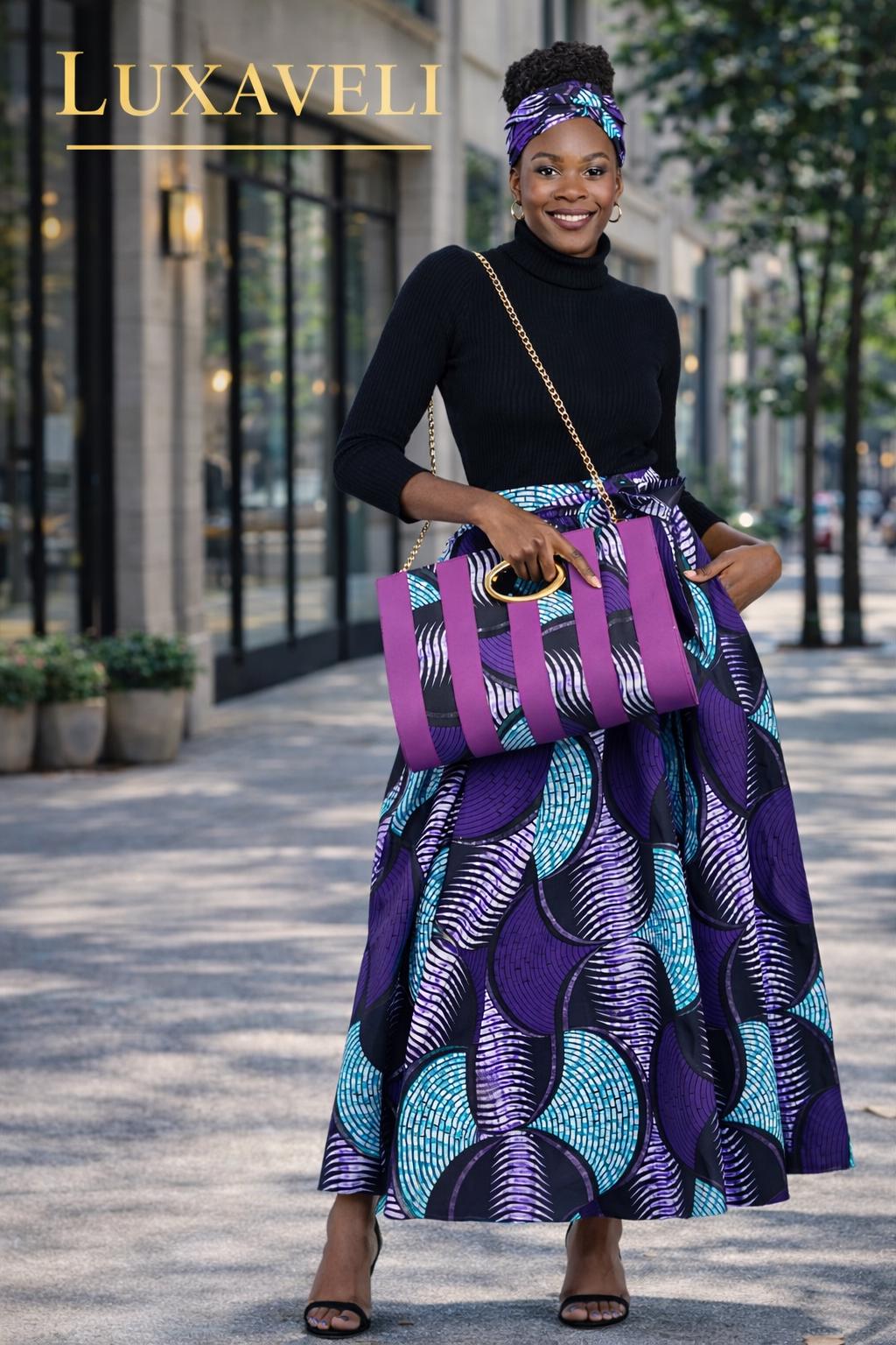 Ankara 3-Piece Maxi Skirt Set, Matching Headwrap, and Shoulder Bag.