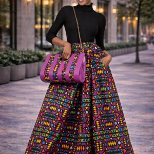 Ankara 3-Piece Maxi Skirt Set, Matching Headwrap, and Shoulder Bag.