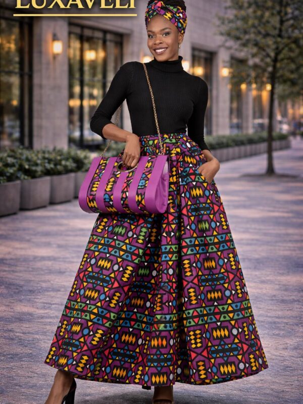 Black Multicolour Ankara 3-Piece Maxi Skirt Set, Matching Headwrap, and Shoulder Bag.
