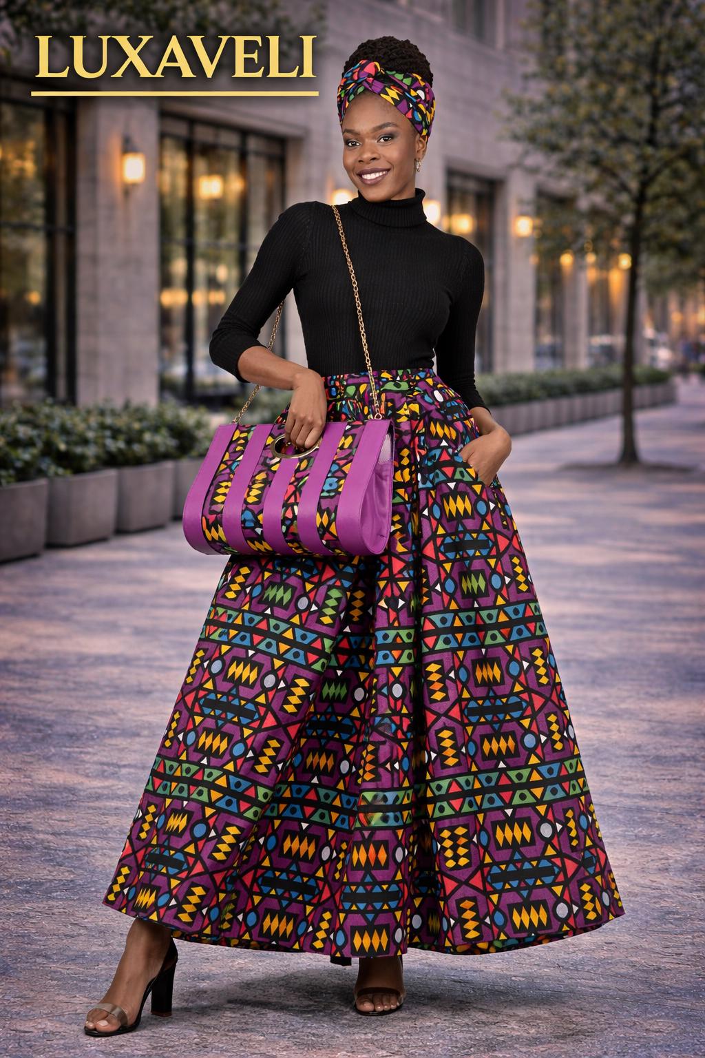 Ankara 3-Piece Maxi Skirt Set, Matching Headwrap, and Shoulder Bag.