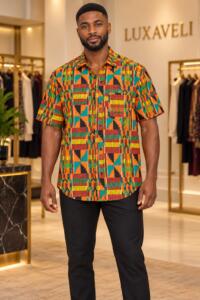 Luxaveli men's Kente print shirt front view