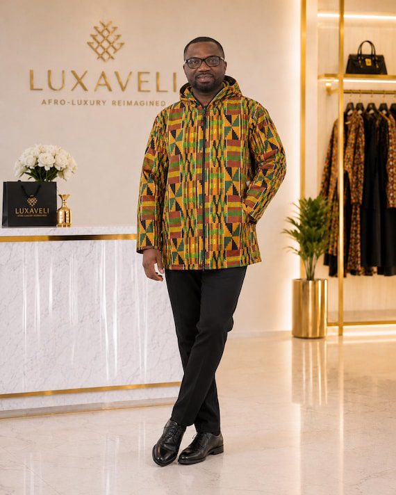 Unisex Long-Sleeve Kente Zip-Down Hoodie Top