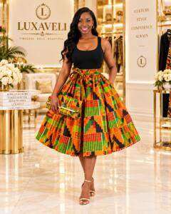 Luxaveli Kente print midi skirt with matching bag