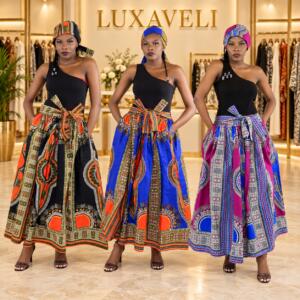 Black orange, blue orange and purple blue Dashiki maxi skirts in Luxaveli boutique