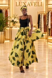 Yellow Ankara maxi skirt with matching headwrap and shoulder bag in Luxaveli boutique