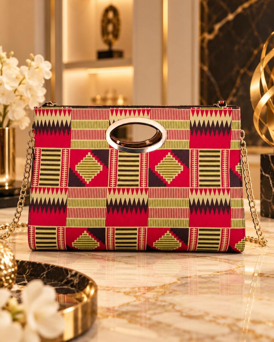 Luxaveli red Kente geometric African print clutch bag