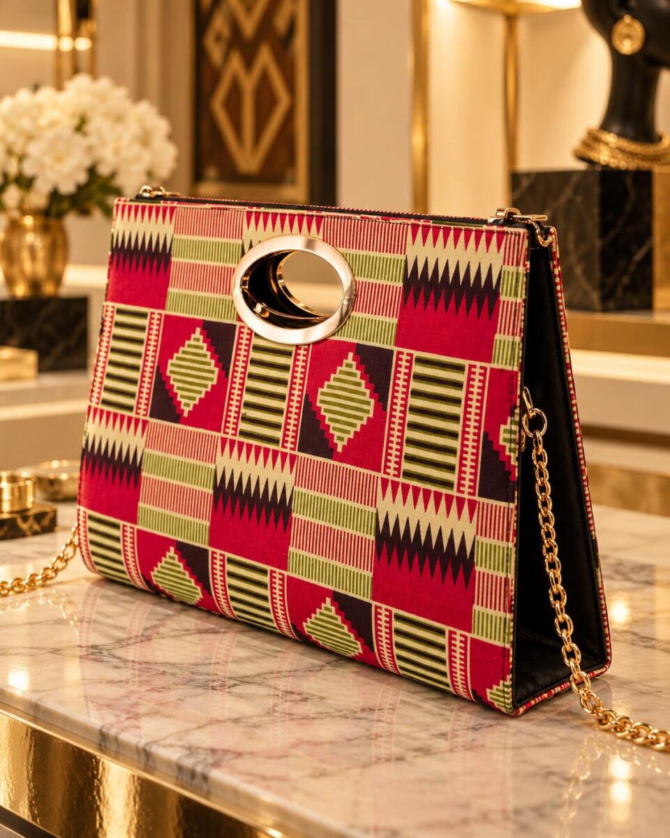 Luxaveli red Kente geometric clutch bag angled view